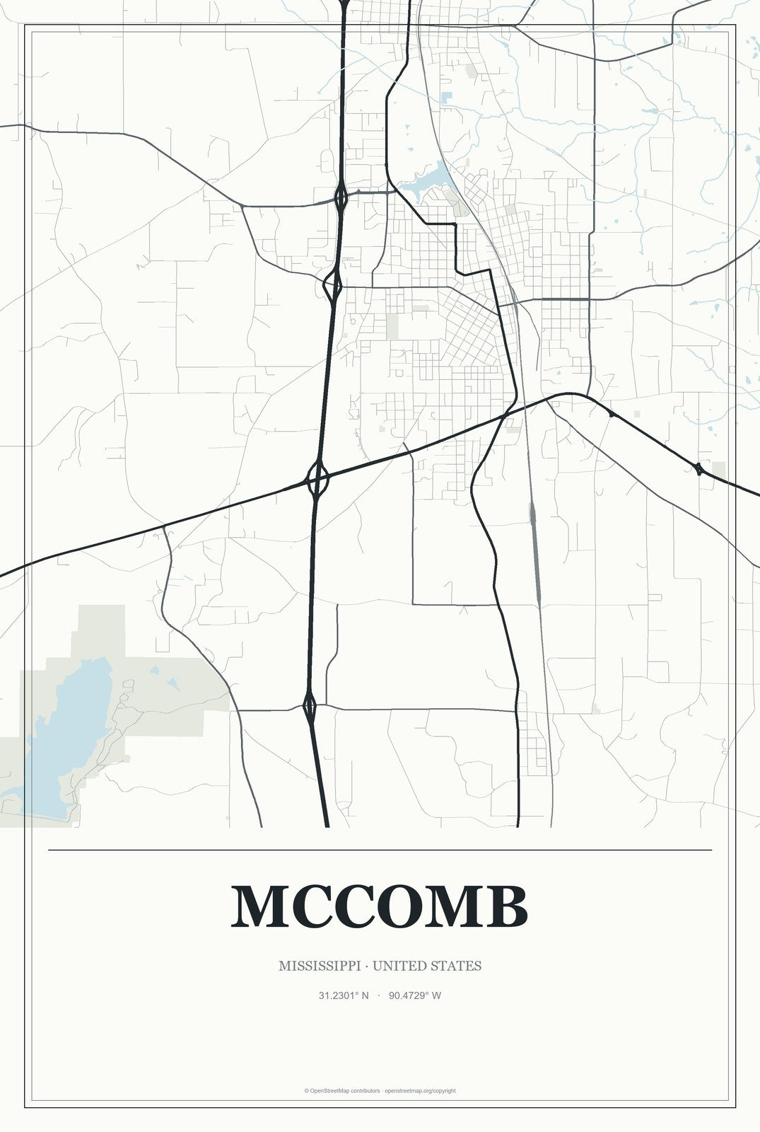 McComb, Mississippi City Map Aluminum Sign in Gallery Air style