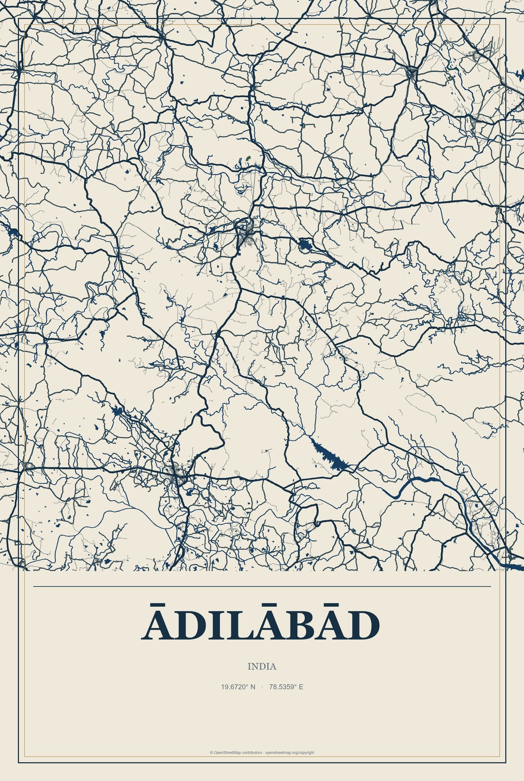 Ādilābād, India City Map Aluminum Sign in Coastal Cutout style