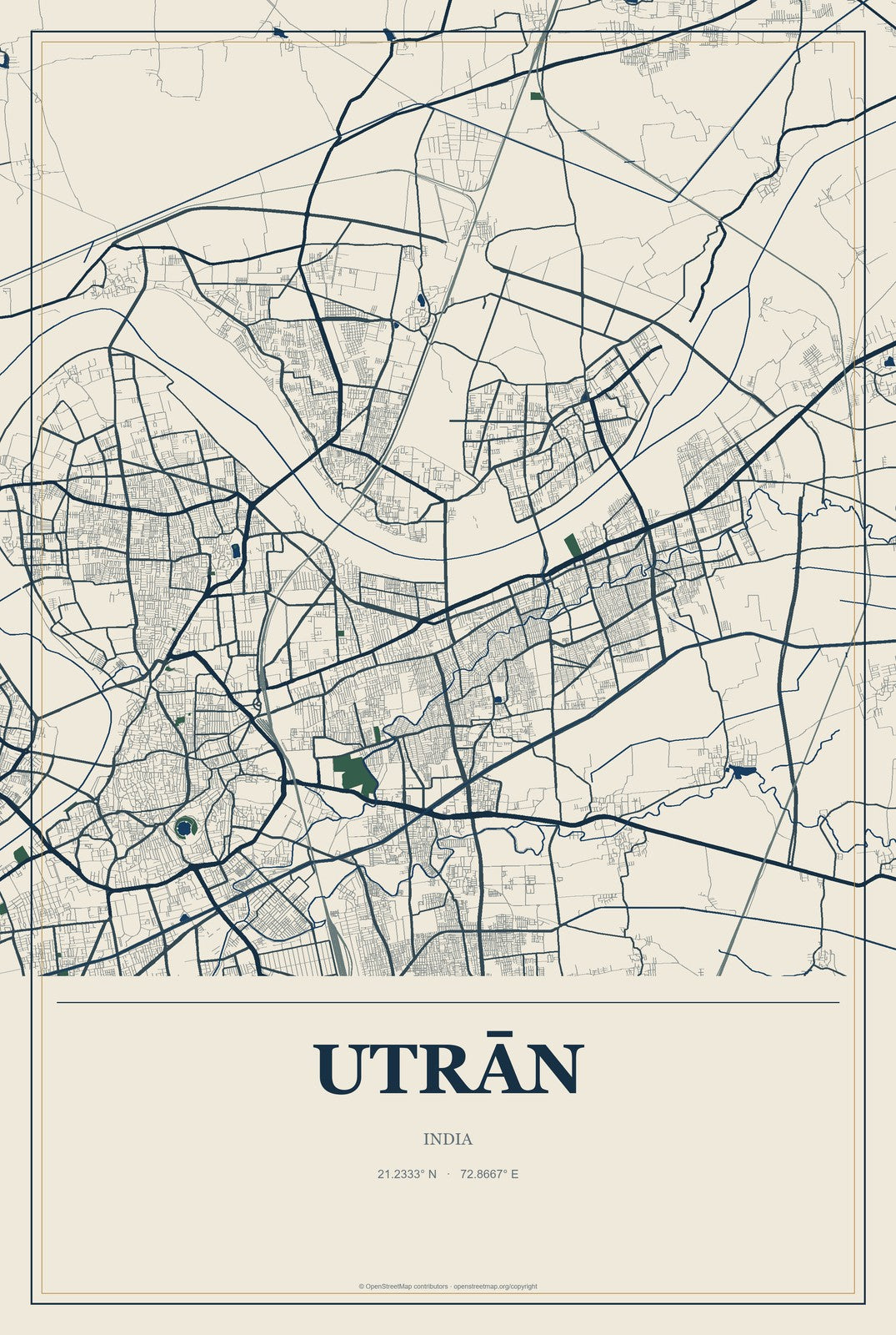 Utrān, India City Map Aluminum Sign in Coastal Cutout style