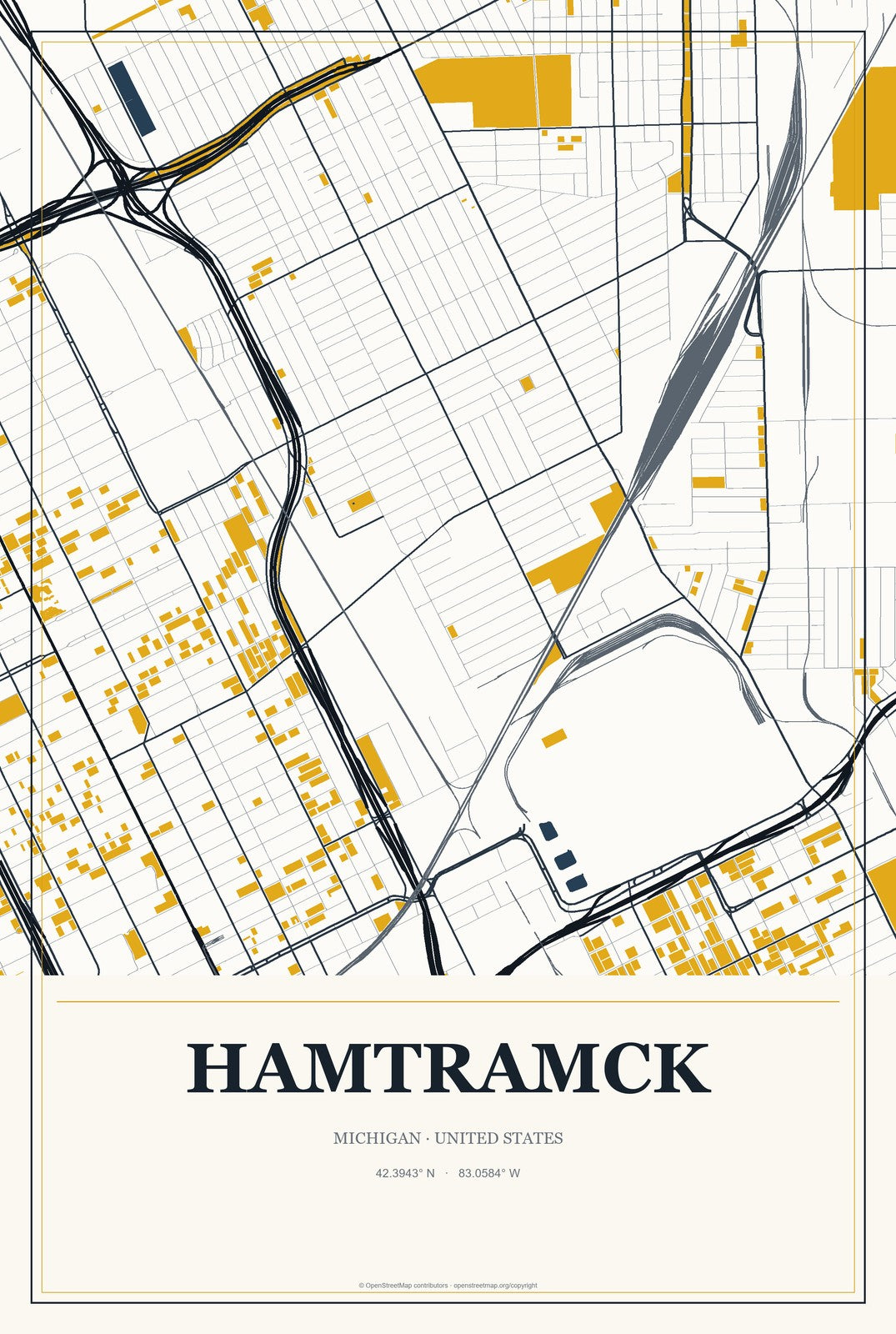 Hamtramck, Michigan City Map Aluminum Sign in Citrine Modern style