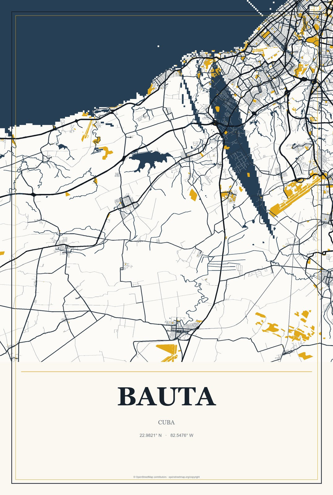 Bauta, Cuba City Map Aluminum Sign in Citrine Modern style