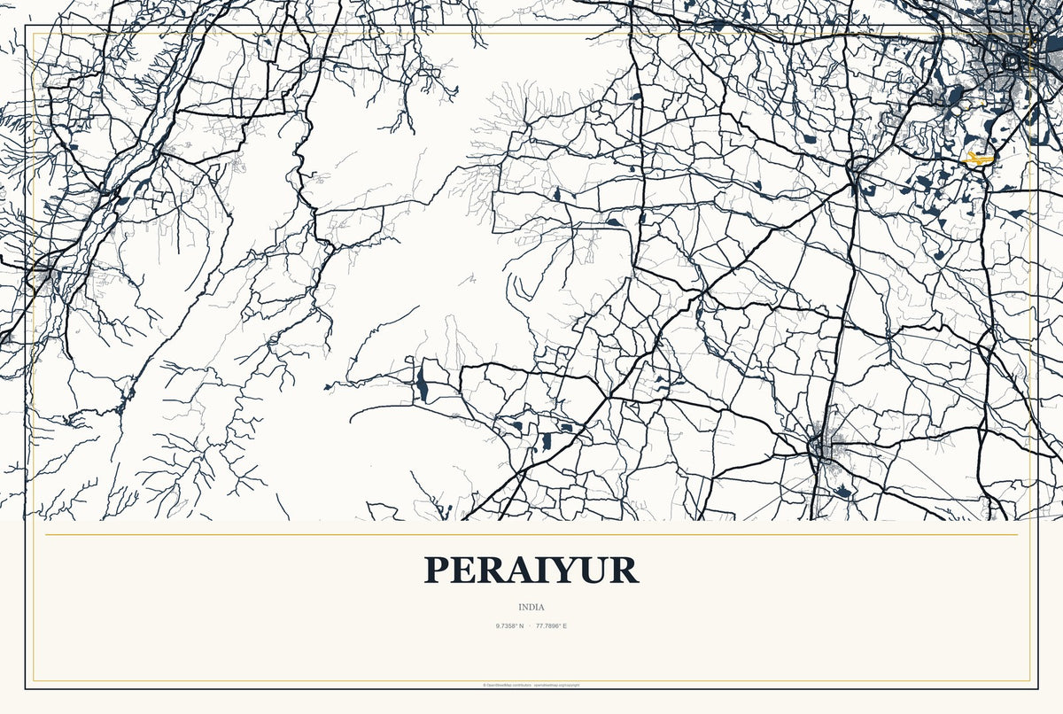 Peraiyur, India City Map Aluminum Sign in Citrine Modern style