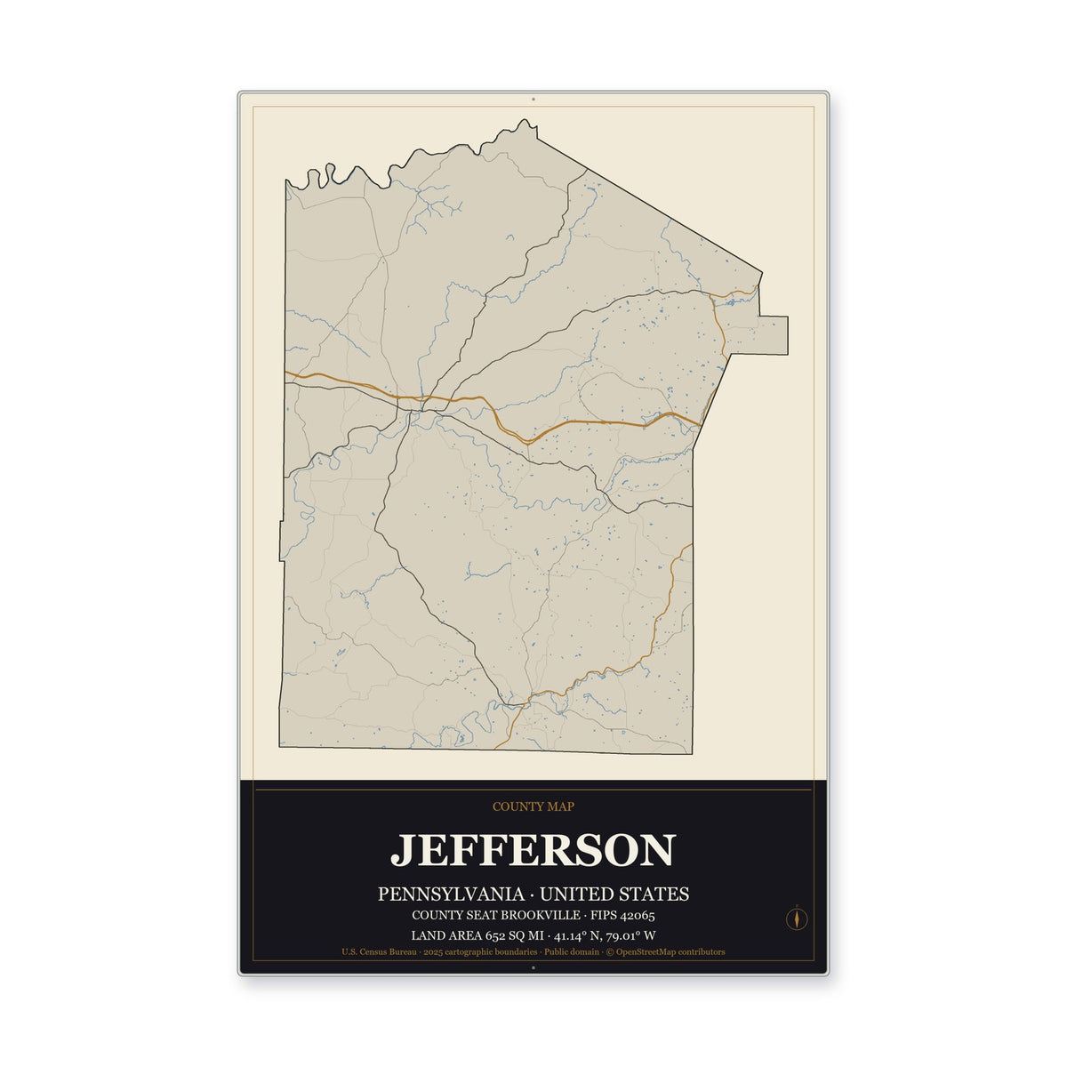 Jefferson County, Pennsylvania Map Aluminum Sign in Museum Plaque style