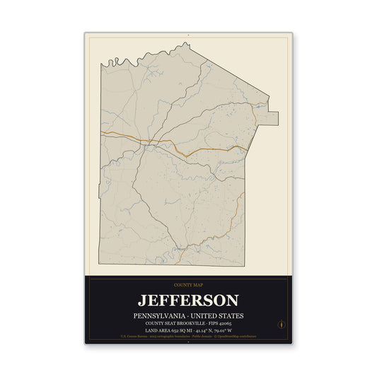 Jefferson County, Pennsylvania Map Aluminum Sign in Museum Plaque style