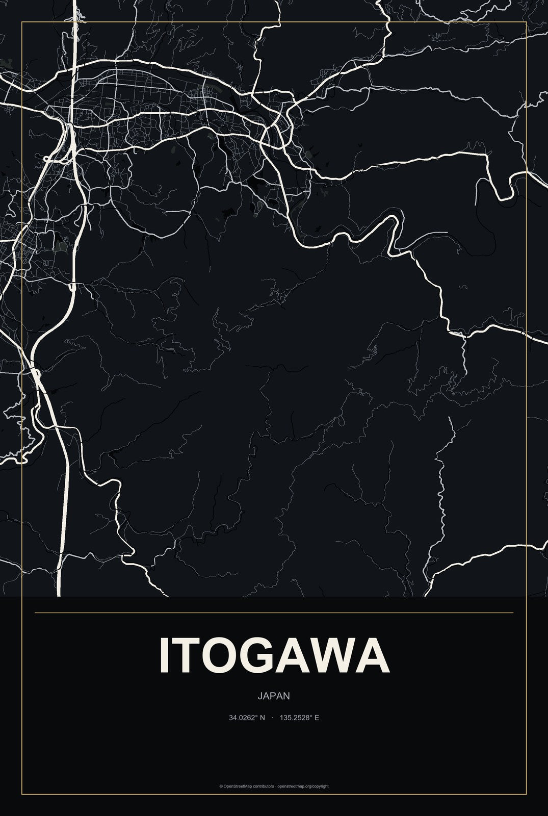 Itogawa, Japan City Map Aluminum Sign in Metropolitan Noir style