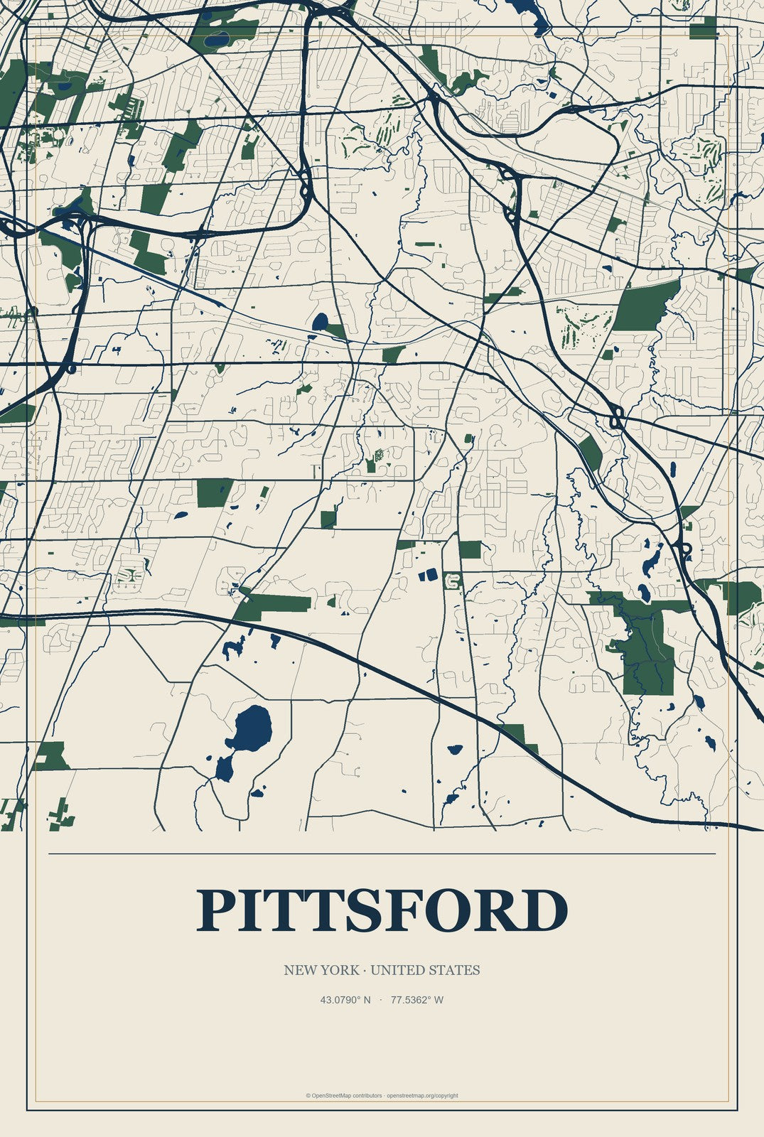 Pittsford, New York City Map Aluminum Sign in Coastal Cutout style