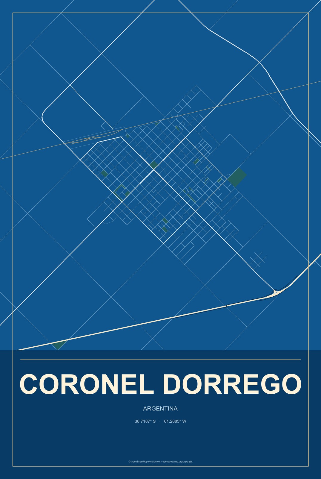 Coronel Dorrego, Argentina City Map Aluminum Sign in Harbor Cobalt style