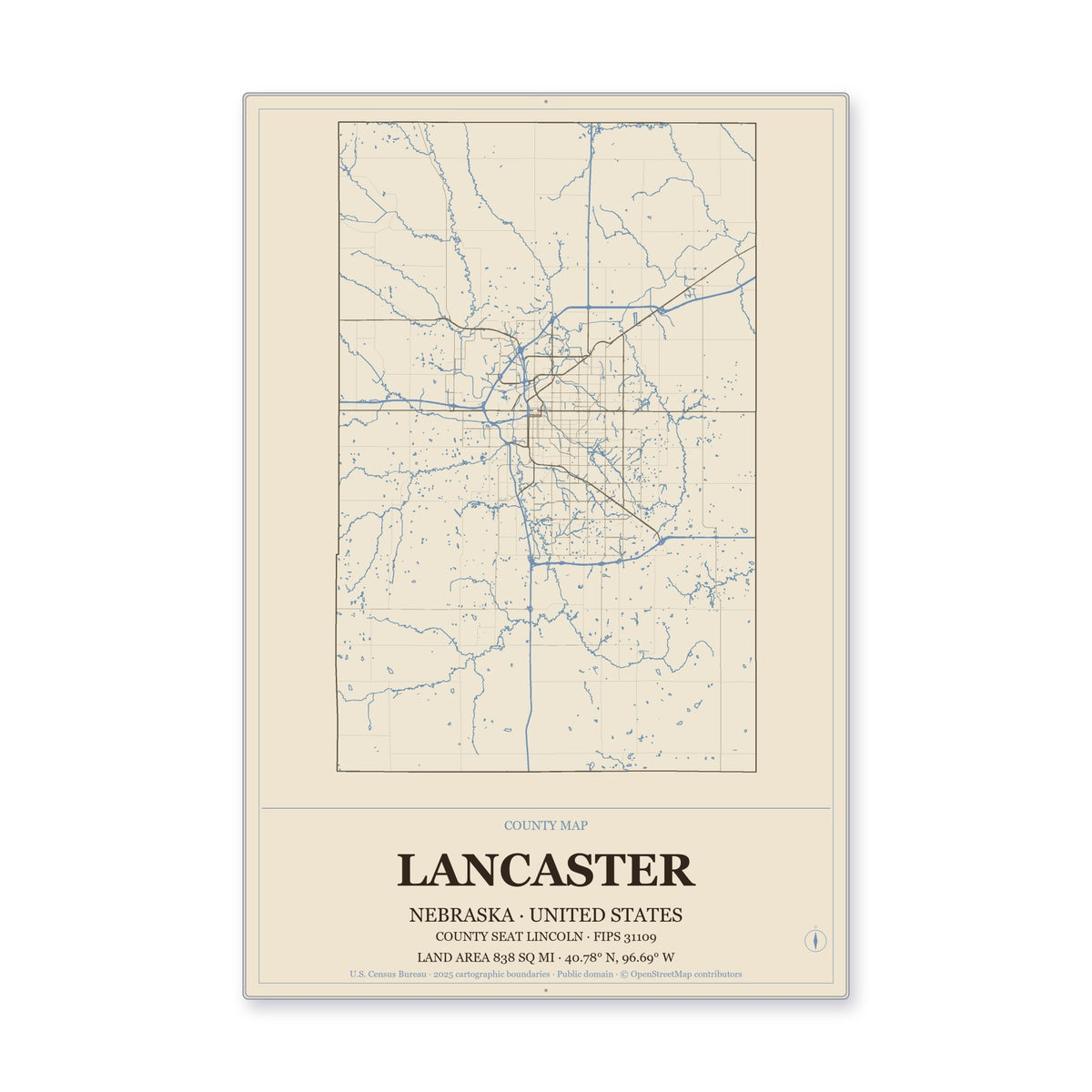 Lancaster County, Nebraska Map Aluminum Sign in Heritage Nautical style