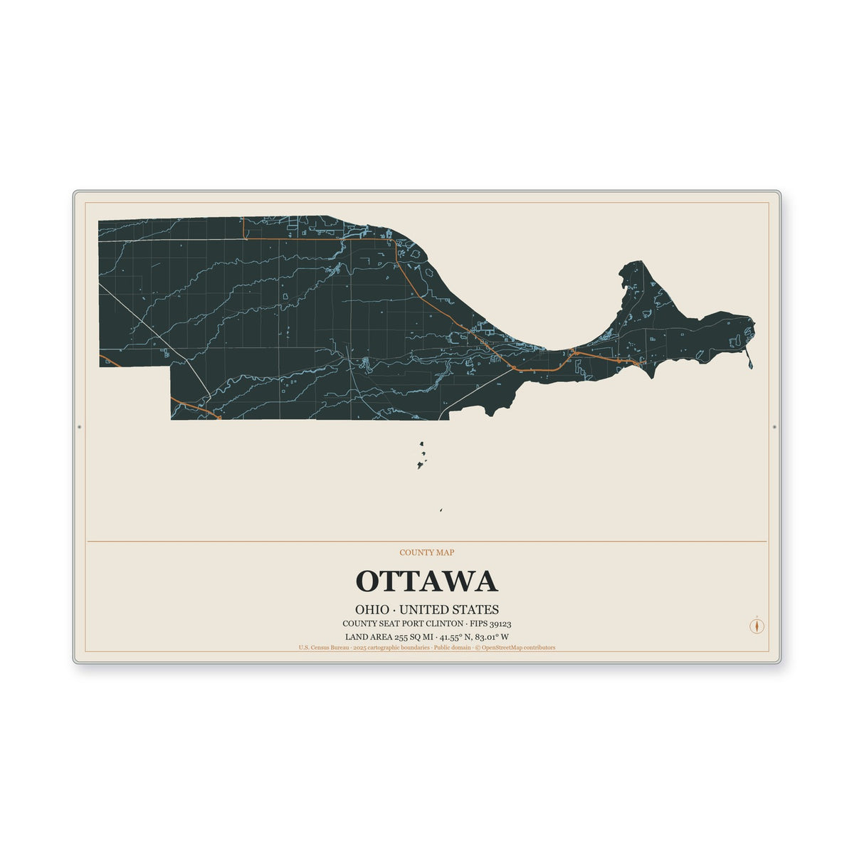 Ottawa County, Ohio Map Aluminum Sign in Headline Atlas style