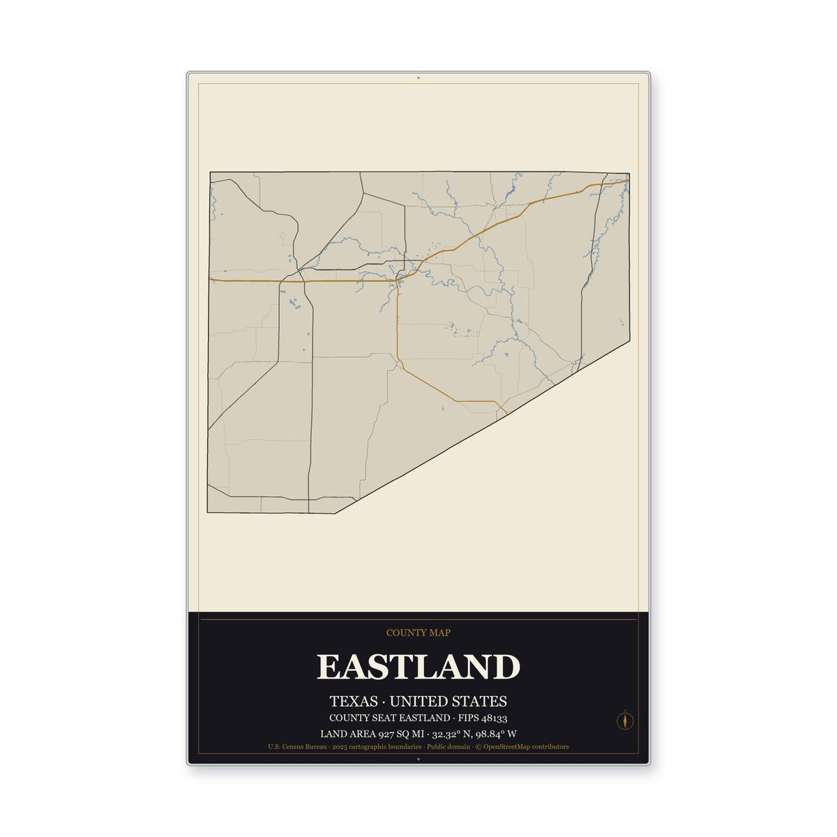 Eastland County, Texas Map Aluminum Sign in Museum Plaque style