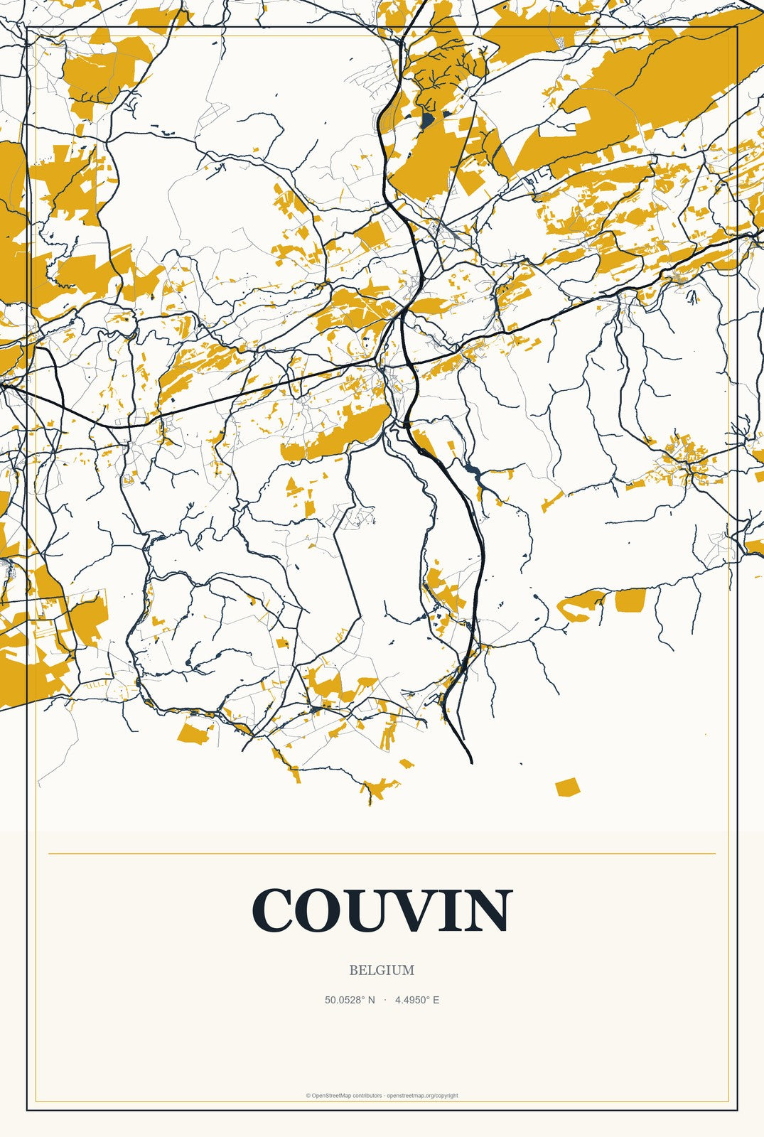 Couvin, Belgium City Map Aluminum Sign in Citrine Modern style