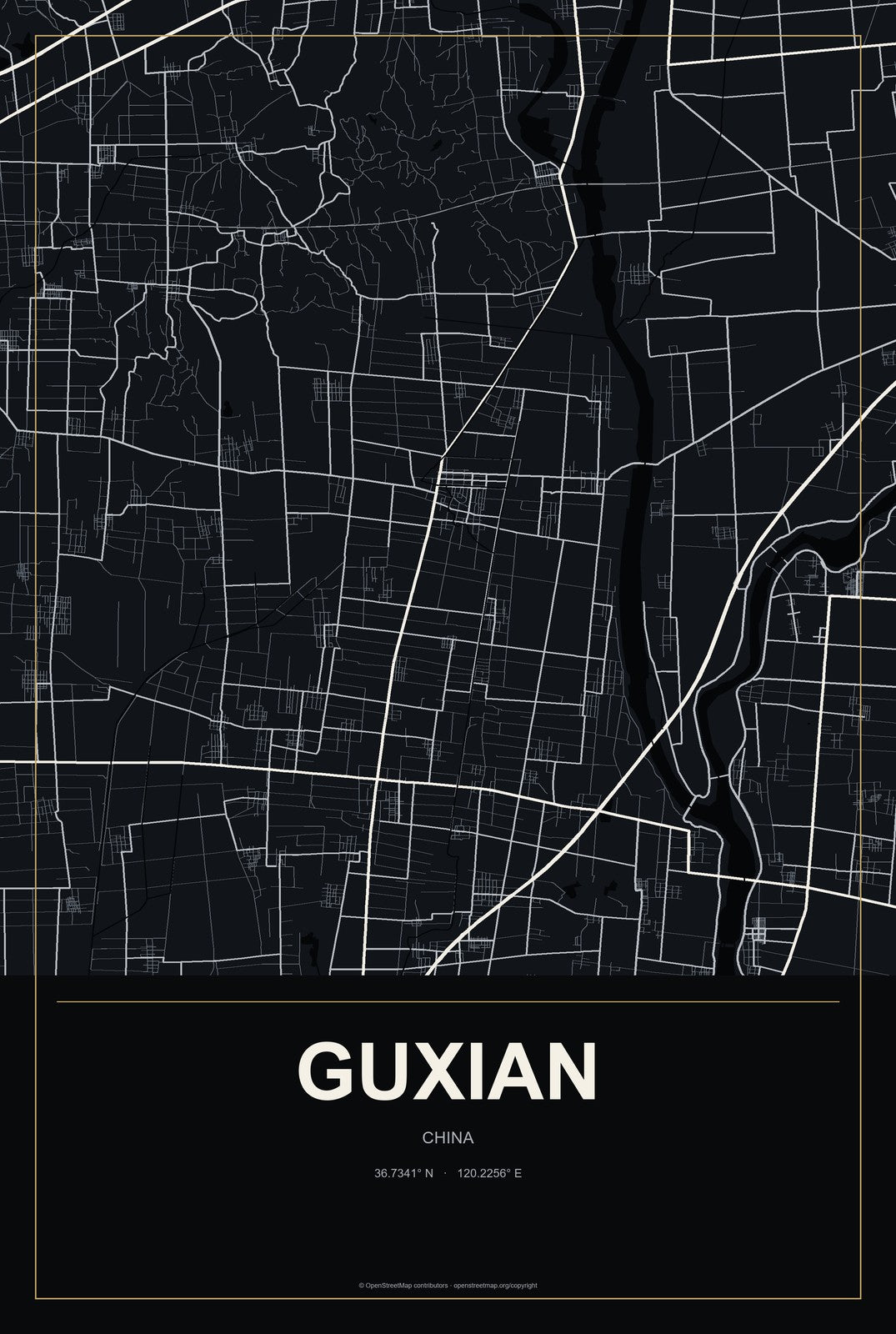 Guxian, China City Map Aluminum Sign in Metropolitan Noir style