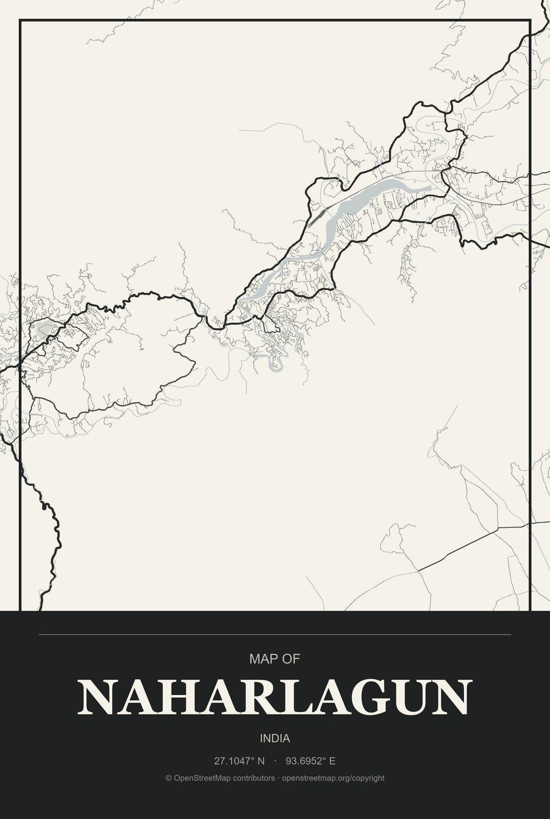 Naharlagun, India City Map Aluminum Sign in Museum Plaque style