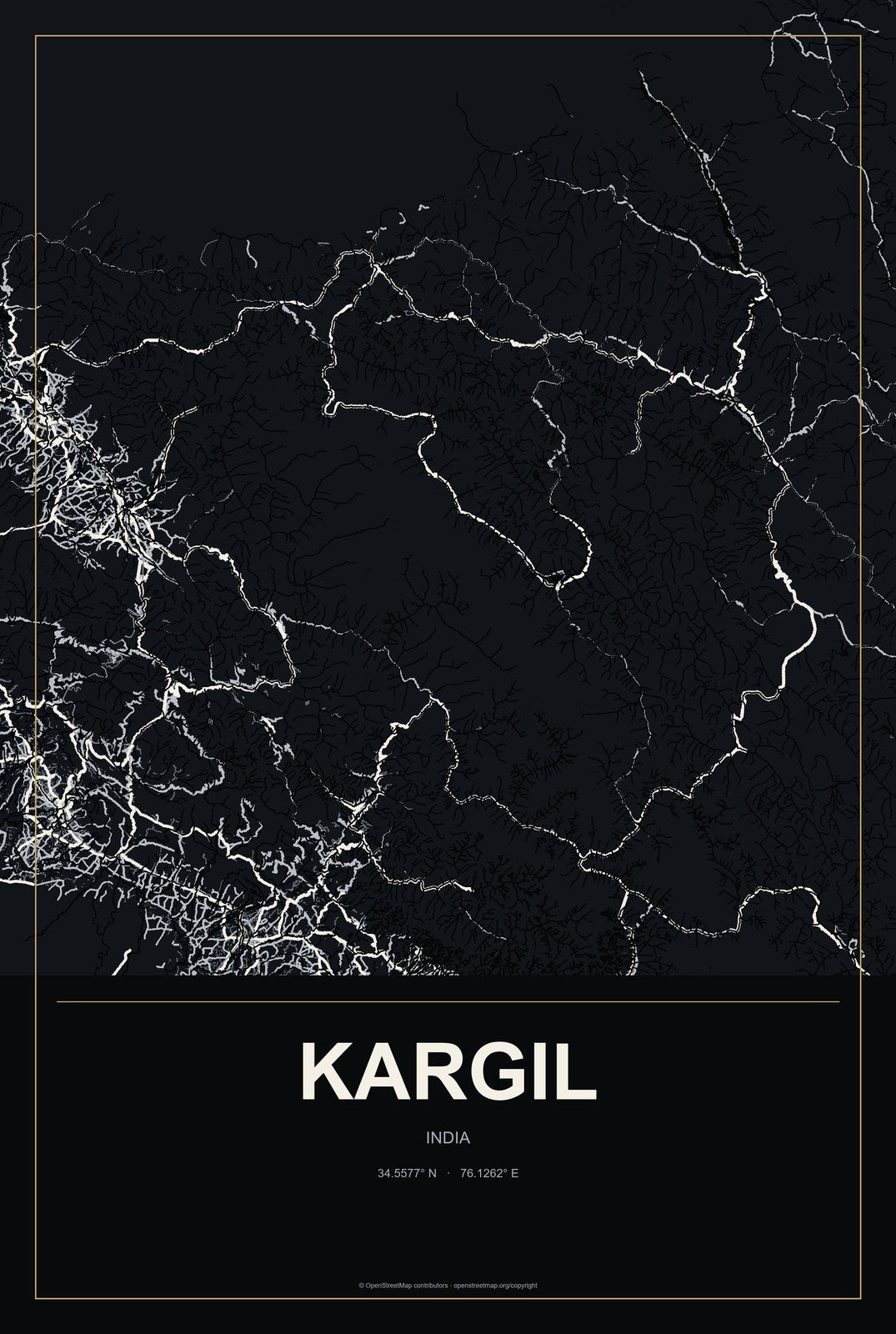 Kargil, India City Map Aluminum Sign in Metropolitan Noir style