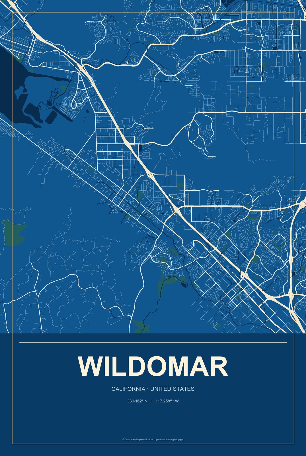 Wildomar, California City Map Aluminum Sign in Harbor Cobalt style
