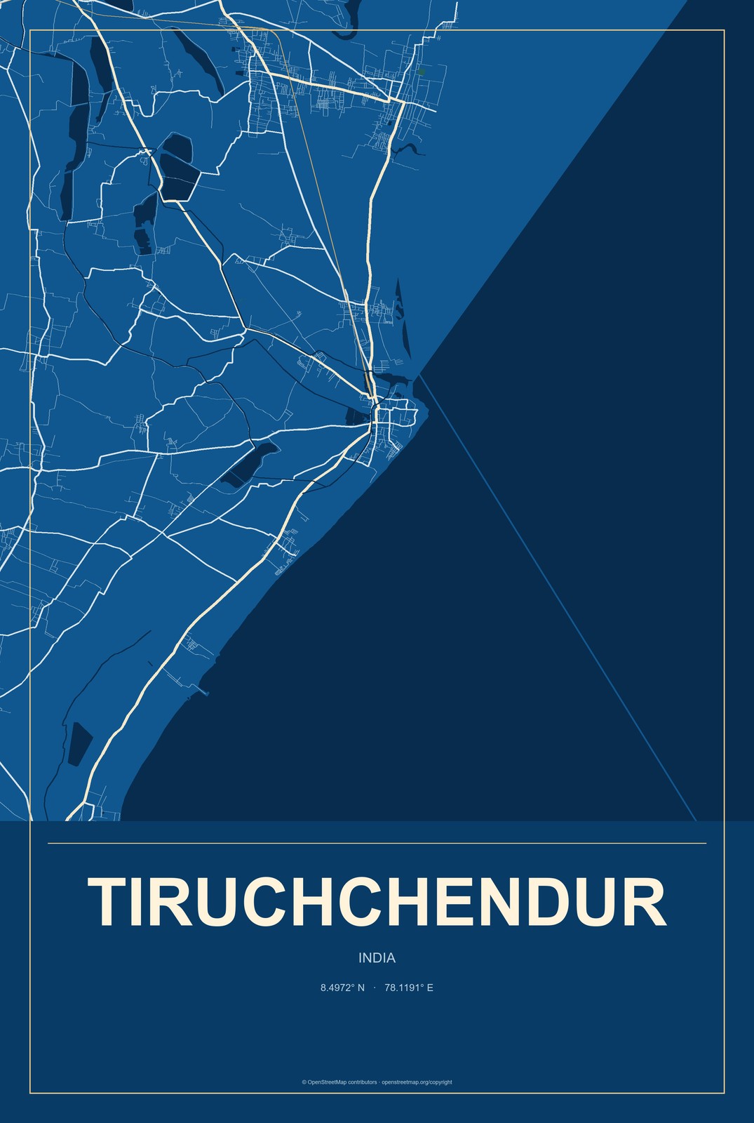 Tiruchchendur, India City Map Aluminum Sign in Harbor Cobalt style