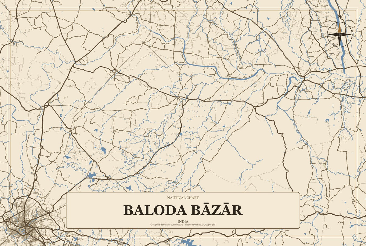 Baloda Bāzār, India City Map Aluminum Sign in Heritage Nautical style