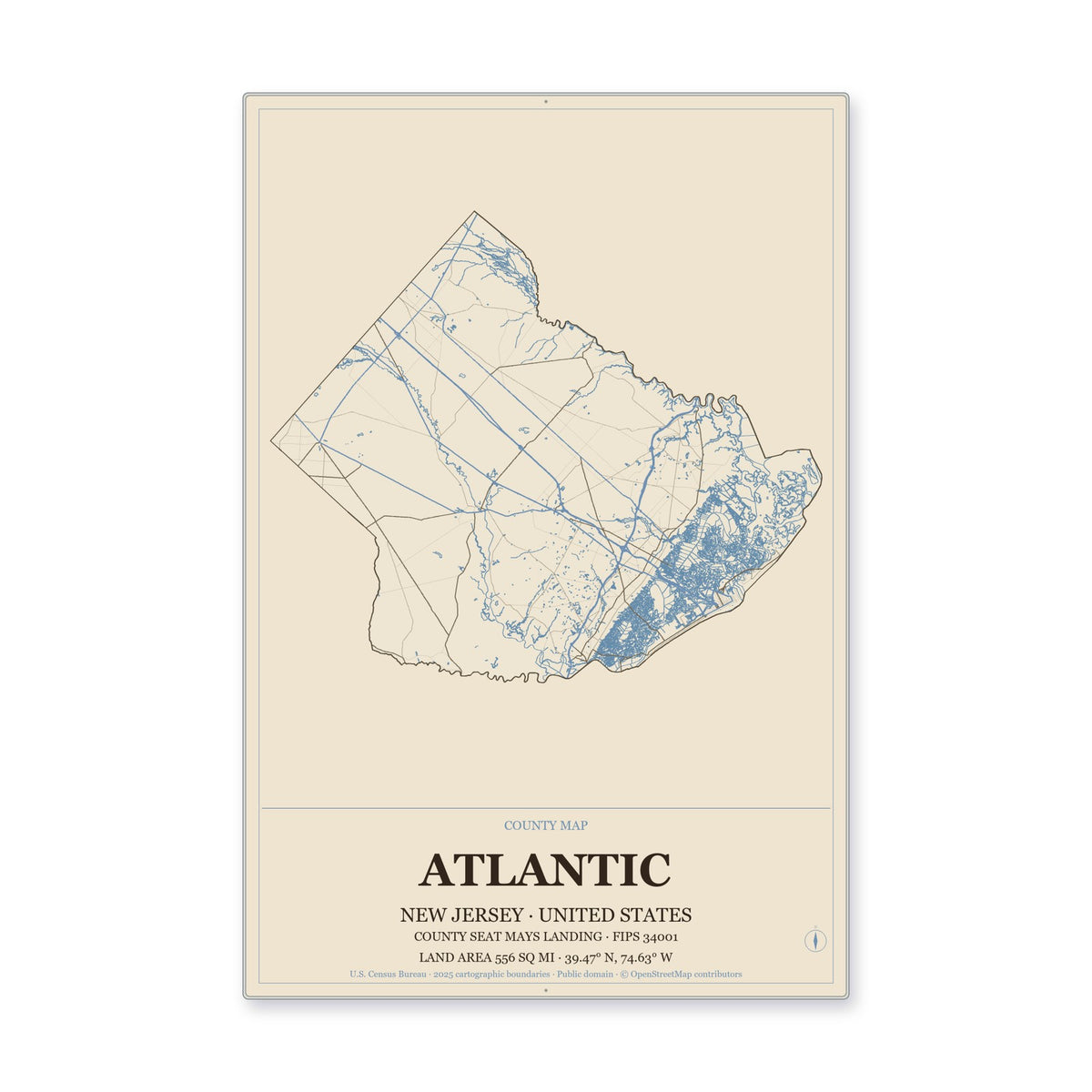 Atlantic County, New Jersey Map Aluminum Sign in Heritage Nautical style