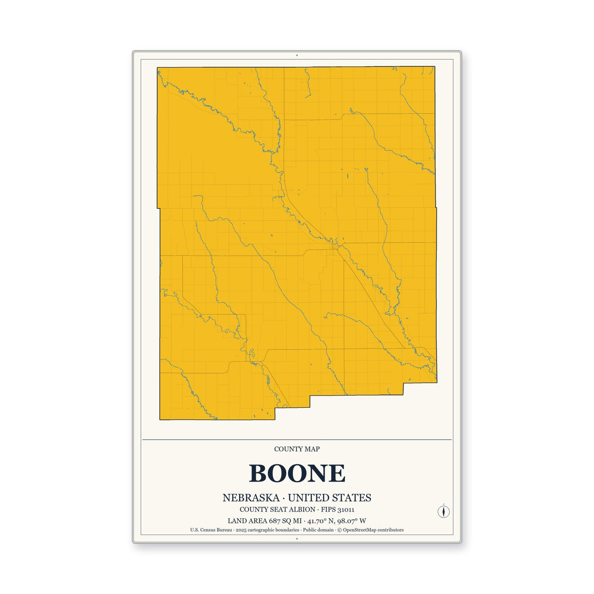 Boone County, Nebraska Map Aluminum Sign in Citrine Modern style