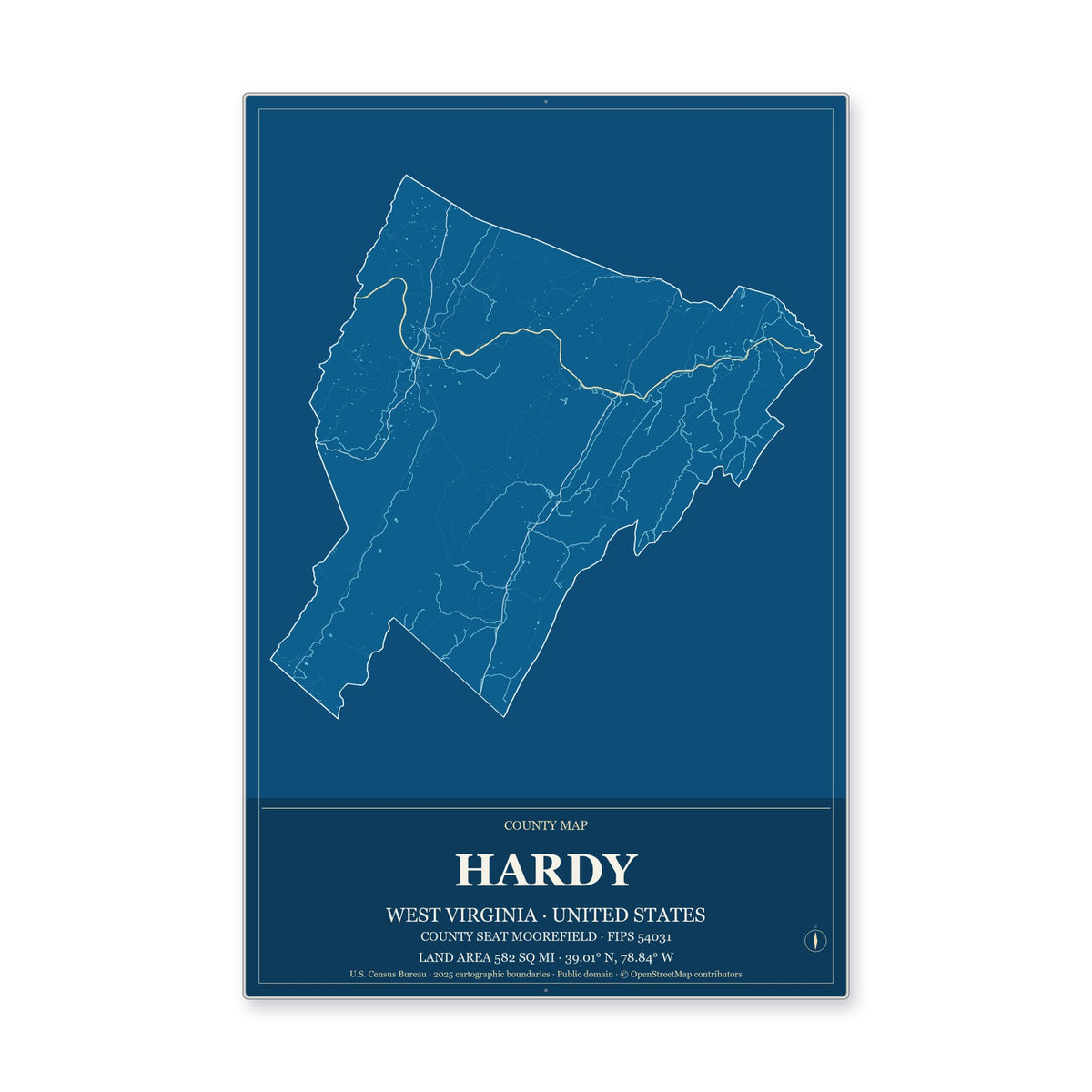 Hardy County, West Virginia Map Aluminum Sign in Harbor Cobalt style
