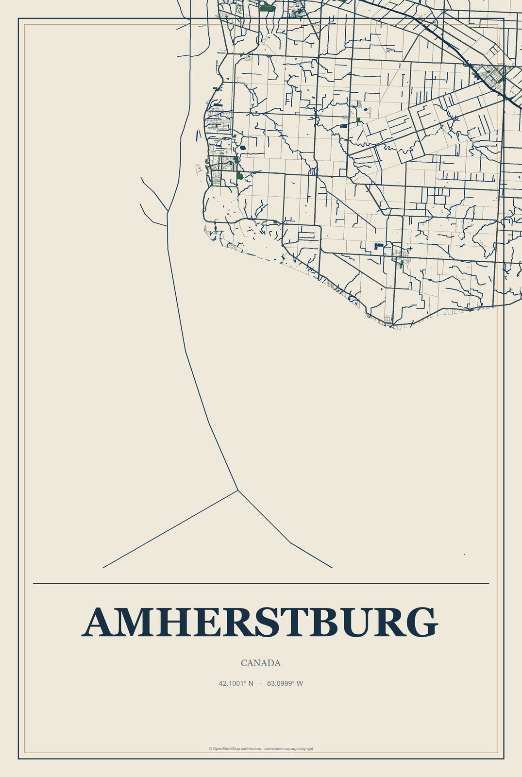 Amherstburg, Canada City Map Aluminum Sign in Coastal Cutout style