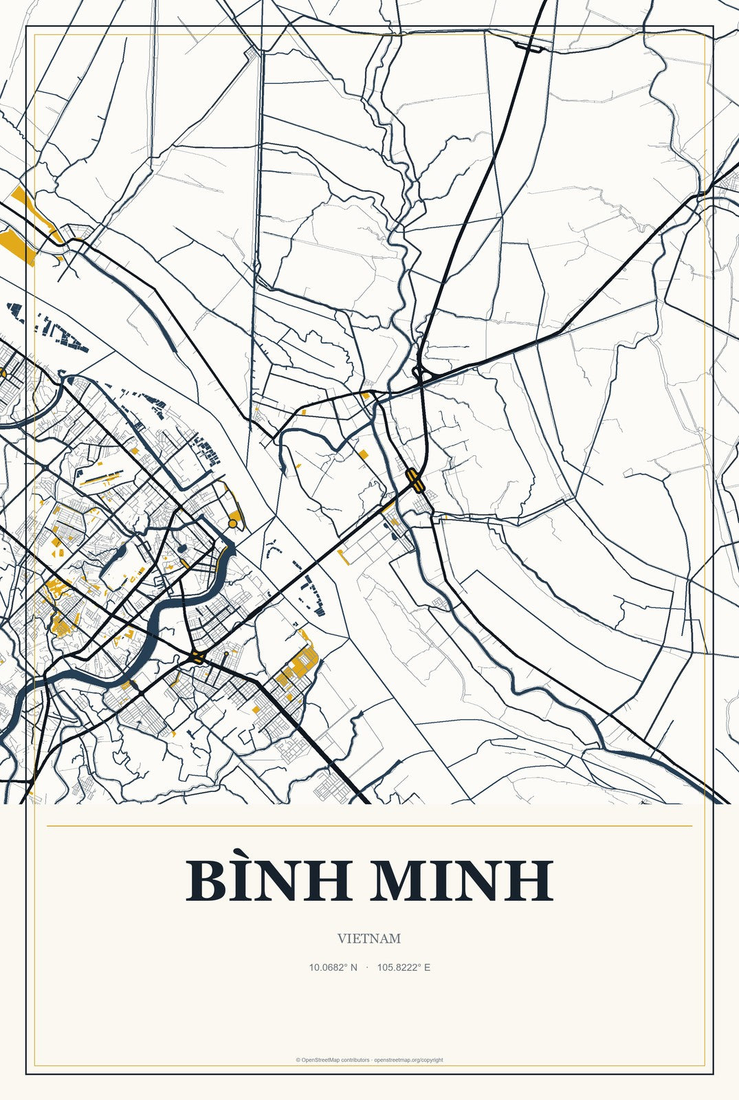 Bình Minh, Vietnam City Map Aluminum Sign in Citrine Modern style
