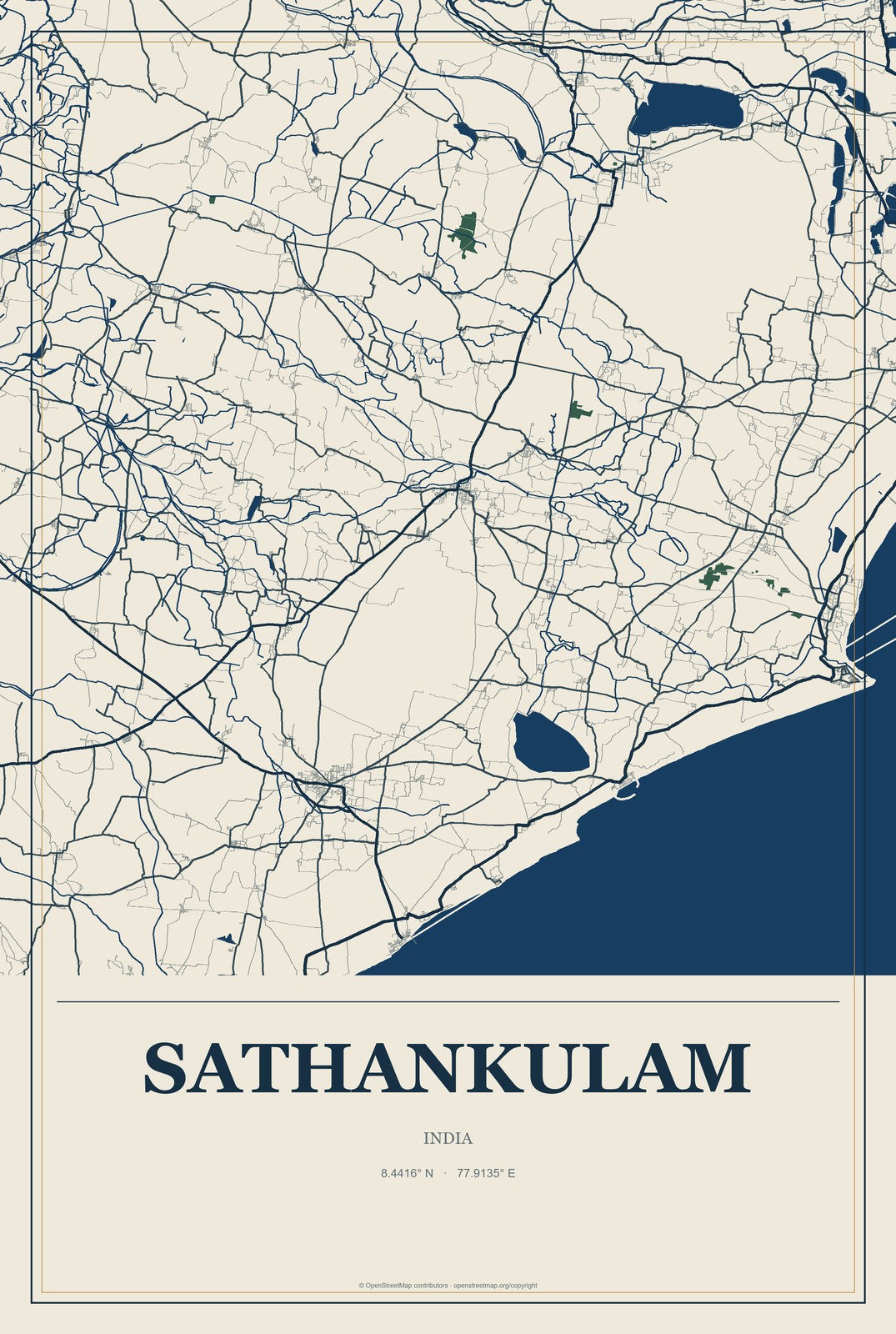 Sathankulam, India City Map Aluminum Sign in Coastal Cutout style
