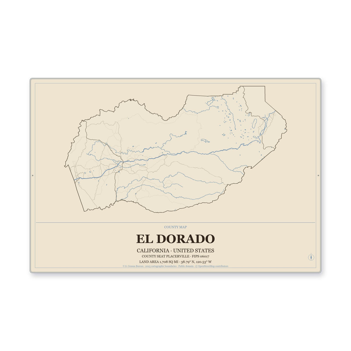 El Dorado County, California Map Aluminum Sign in Heritage Nautical style