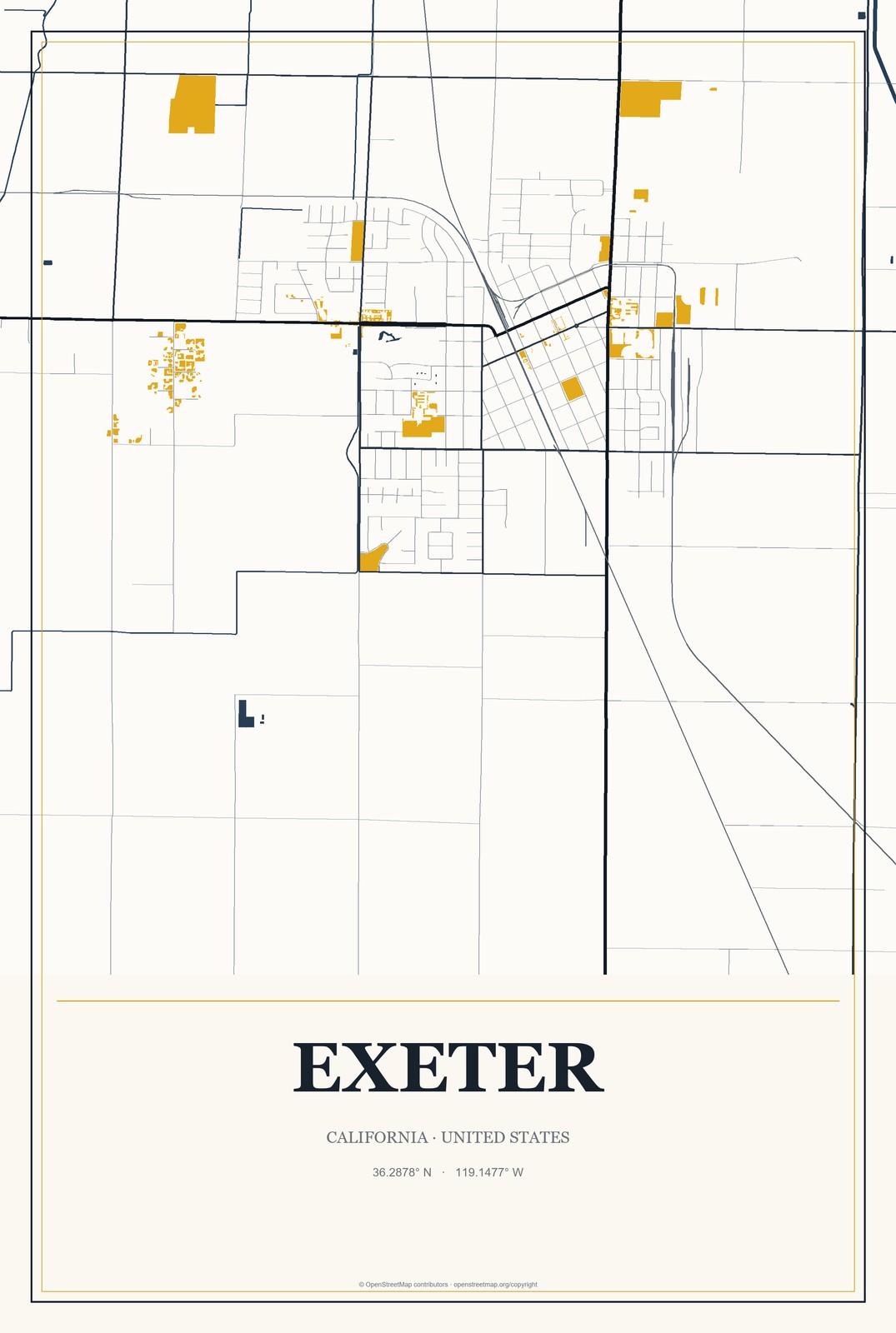 Exeter, California City Map Aluminum Sign in Citrine Modern style