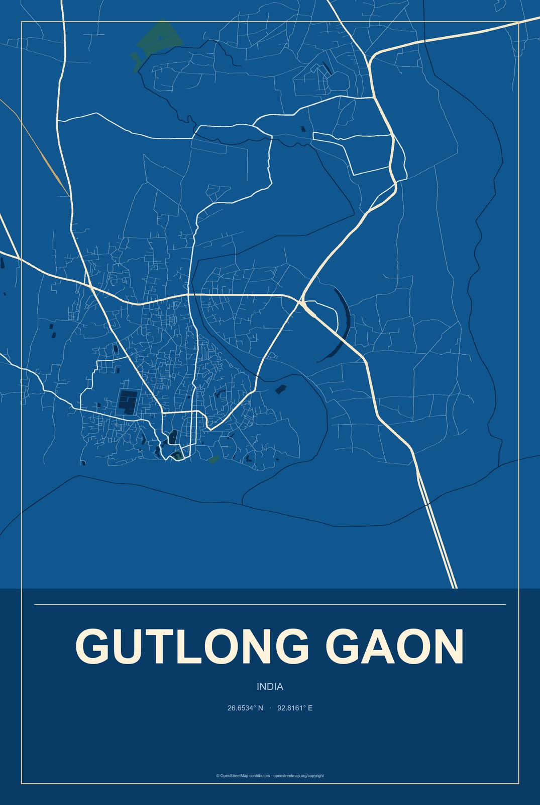 Gutlong Gaon, India City Map Aluminum Sign in Harbor Cobalt style