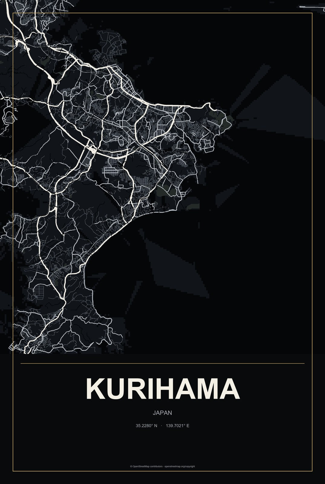 Kurihama, Japan City Map Aluminum Sign in Metropolitan Noir style