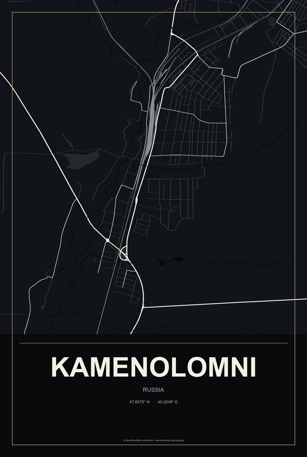 Kamenolomni, Russia City Map Aluminum Sign in Metropolitan Noir style
