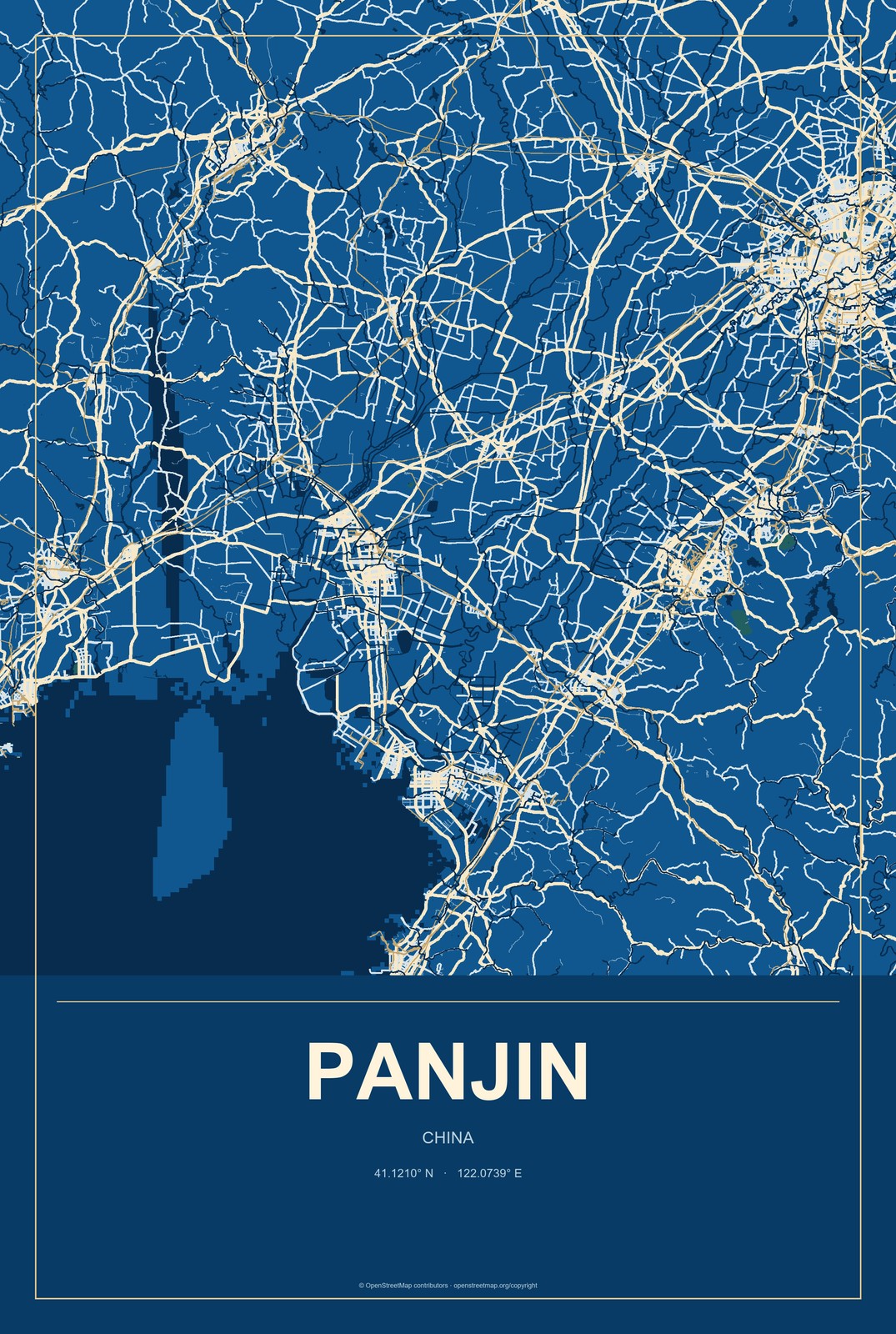 Panjin, China City Map Aluminum Sign in Harbor Cobalt style
