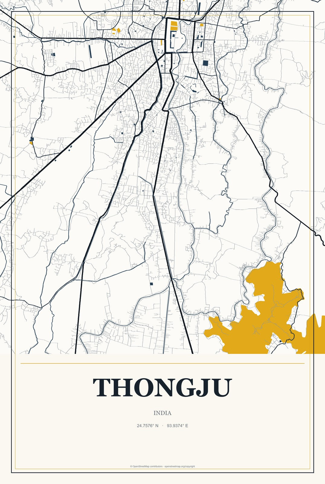 Thongju, India City Map Aluminum Sign in Citrine Modern style