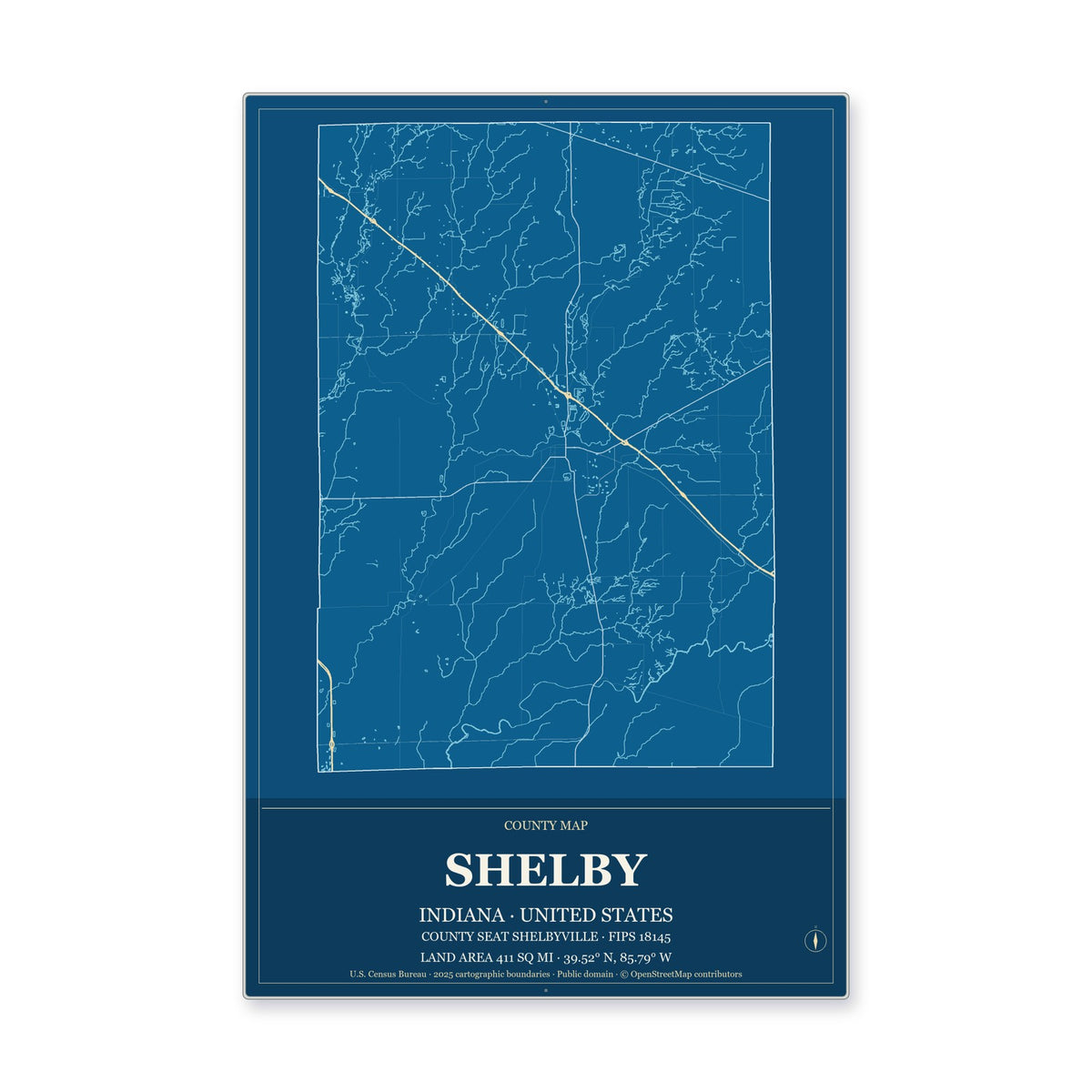 Shelby County, Indiana Map Aluminum Sign in Harbor Cobalt style