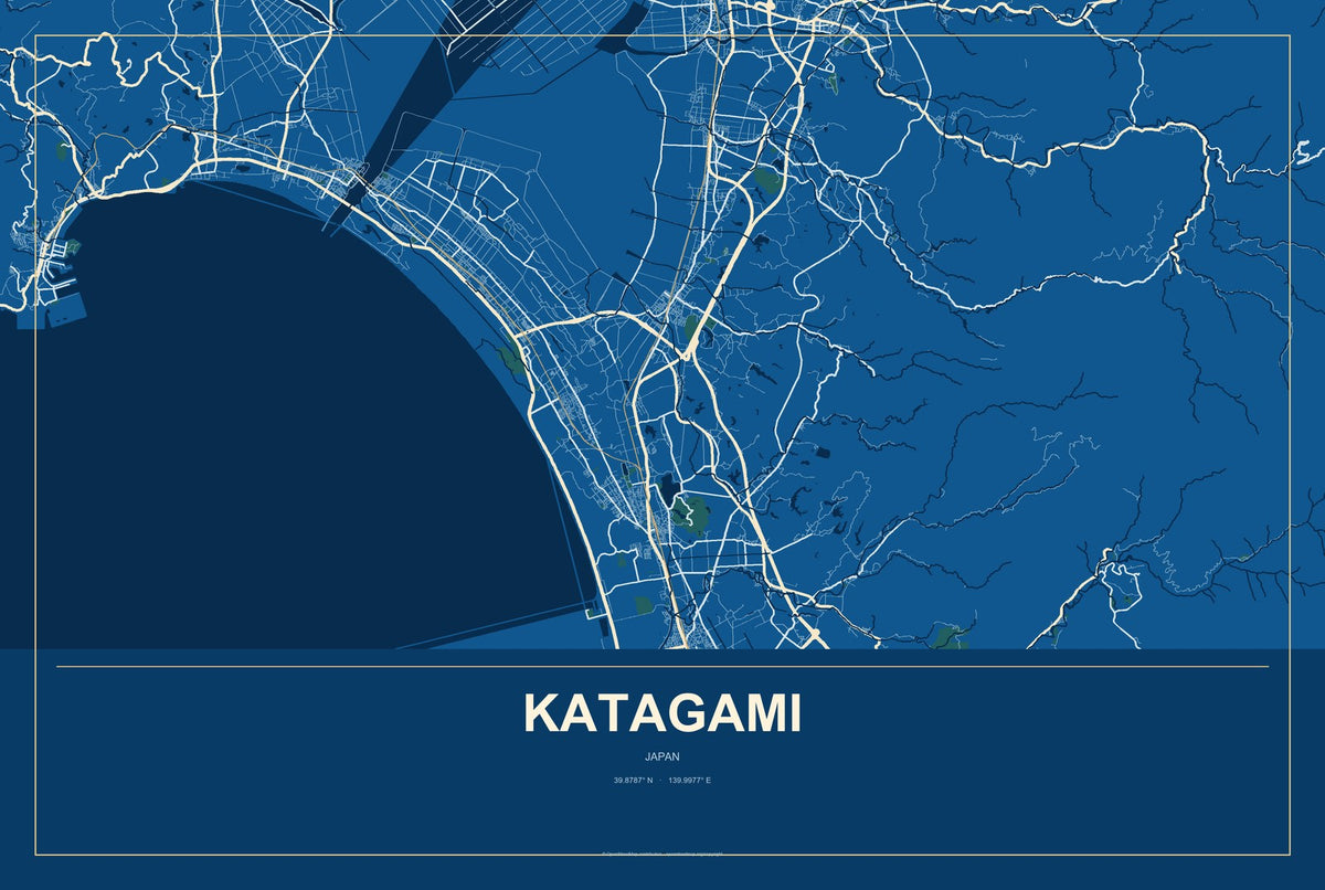Katagami, Japan City Map Aluminum Sign in Harbor Cobalt style