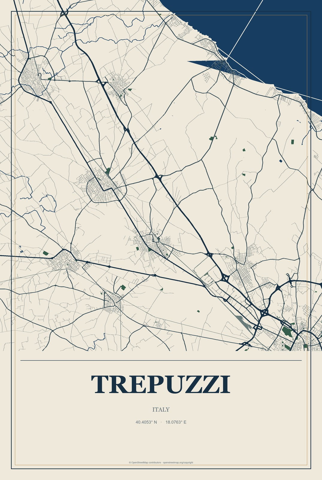 Trepuzzi, Italy City Map Aluminum Sign in Coastal Cutout style