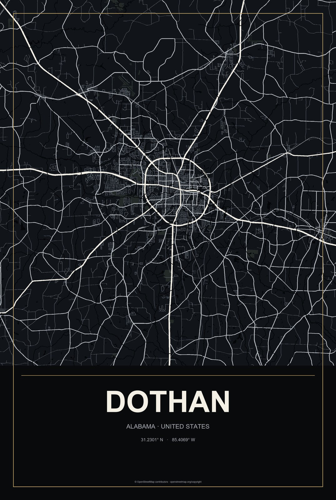 Dothan, Alabama City Map Aluminum Sign in Metropolitan Noir style