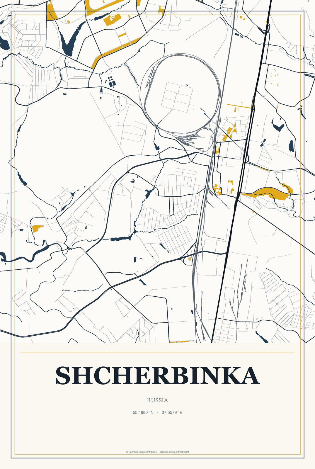 Shcherbinka, Russia City Map Aluminum Sign in Citrine Modern style