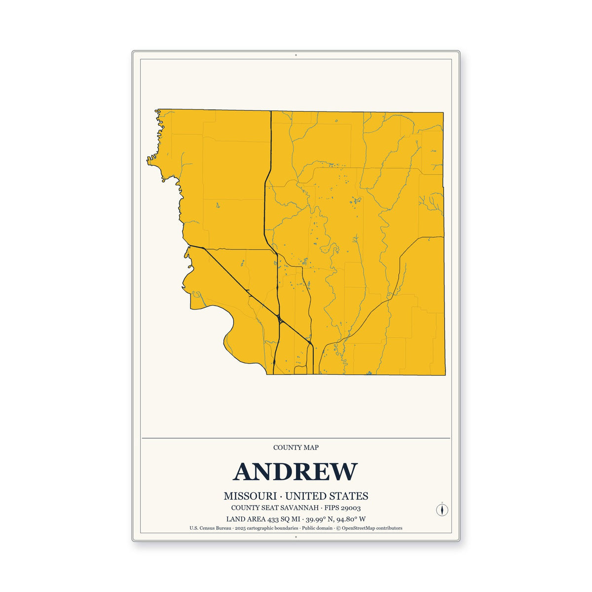 Andrew County, Missouri Map Aluminum Sign in Citrine Modern style