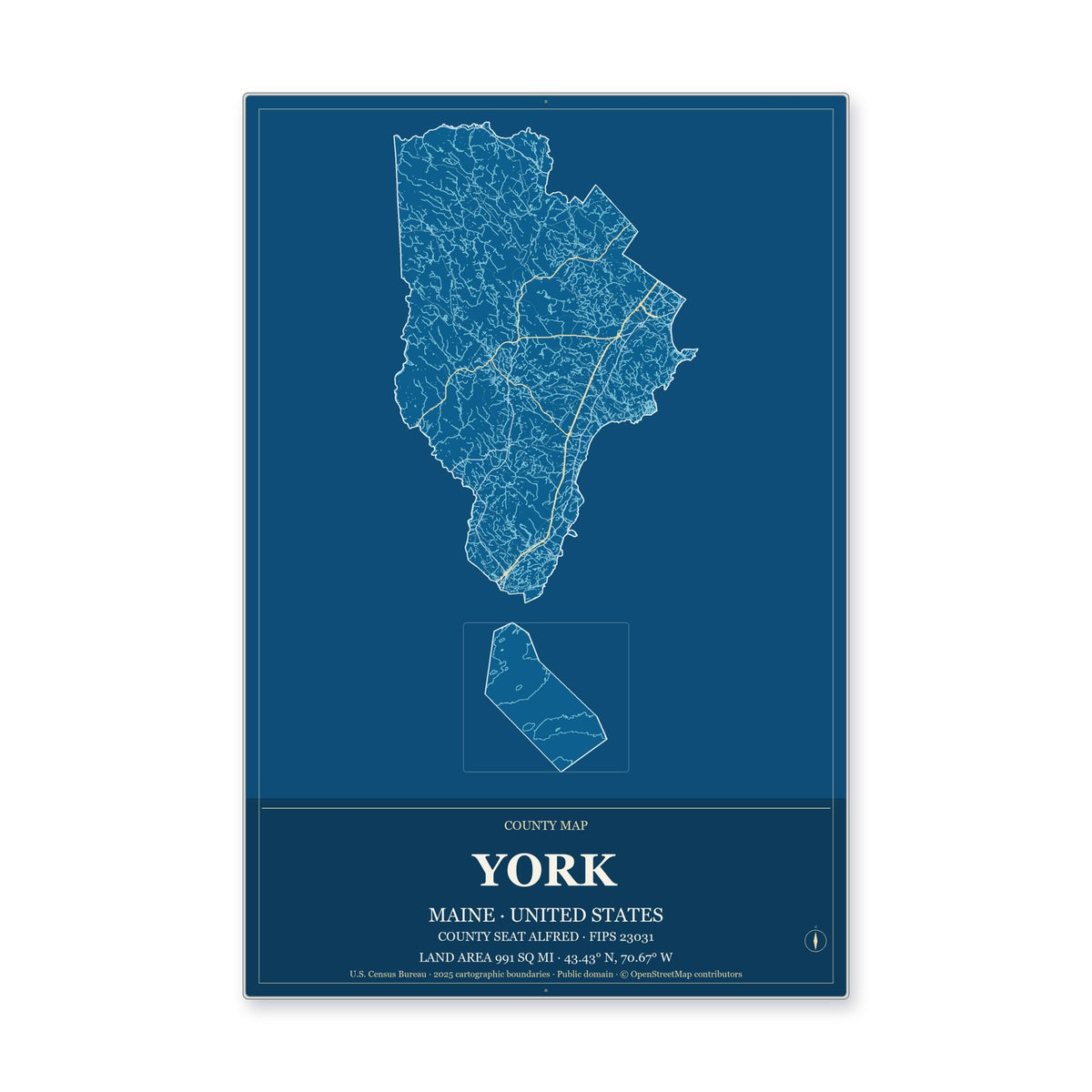 York County, Maine Map Aluminum Sign in Harbor Cobalt style