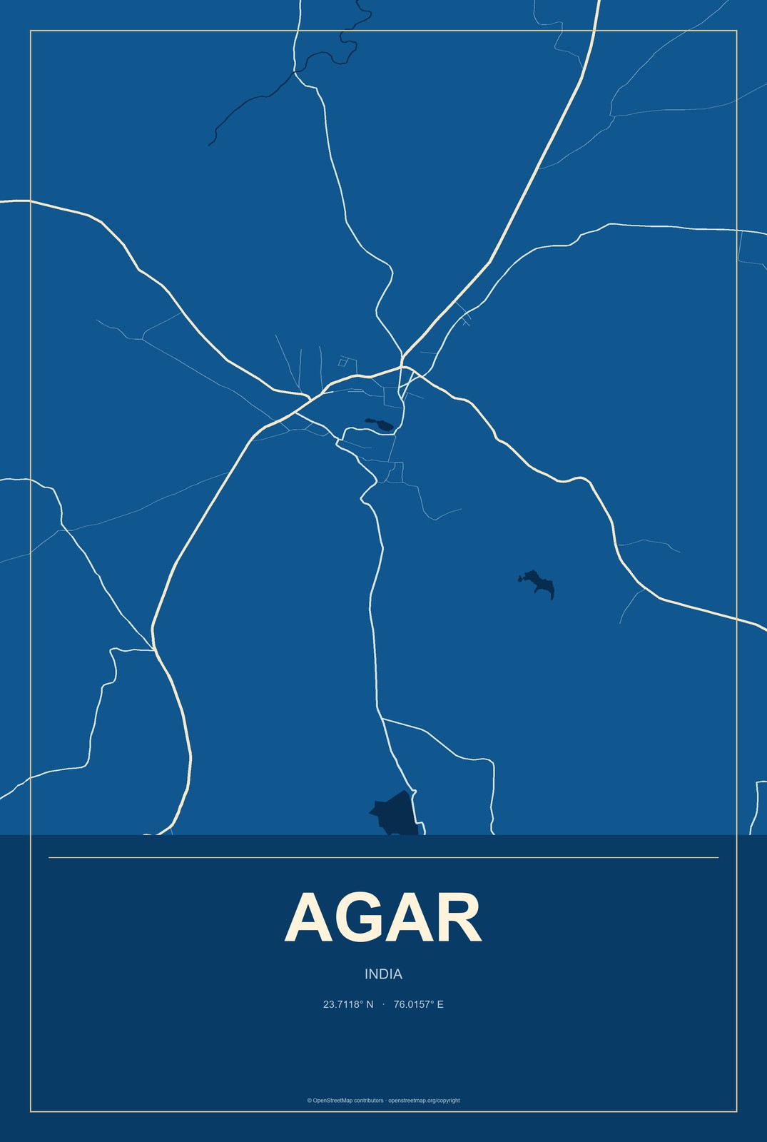 Agar, India City Map Aluminum Sign in Harbor Cobalt style