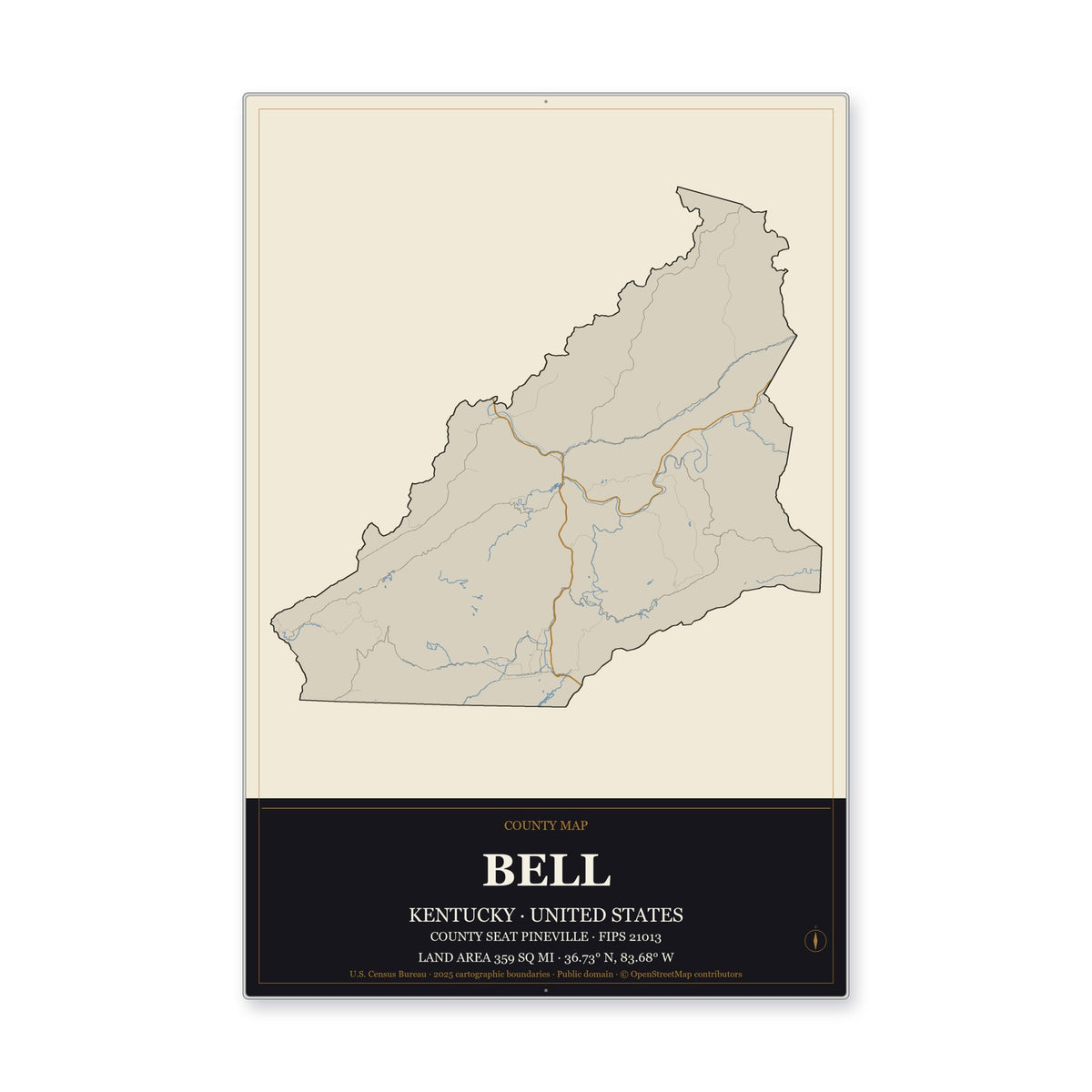 Bell County, Kentucky Map Aluminum Sign in Museum Plaque style
