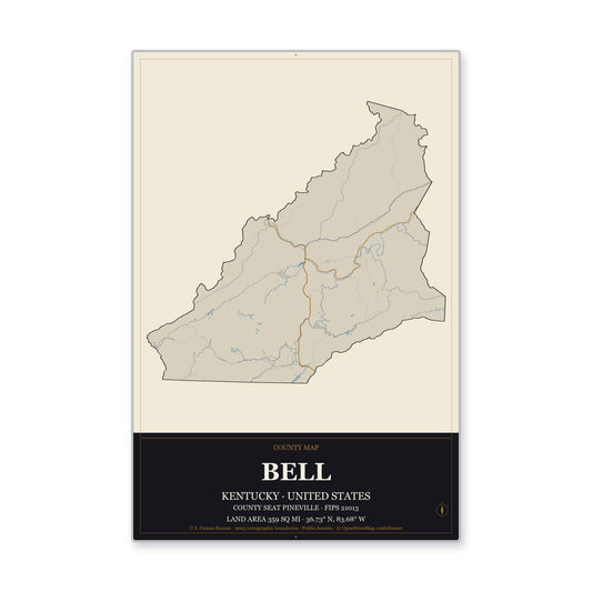 Bell County, Kentucky Map Aluminum Sign in Museum Plaque style