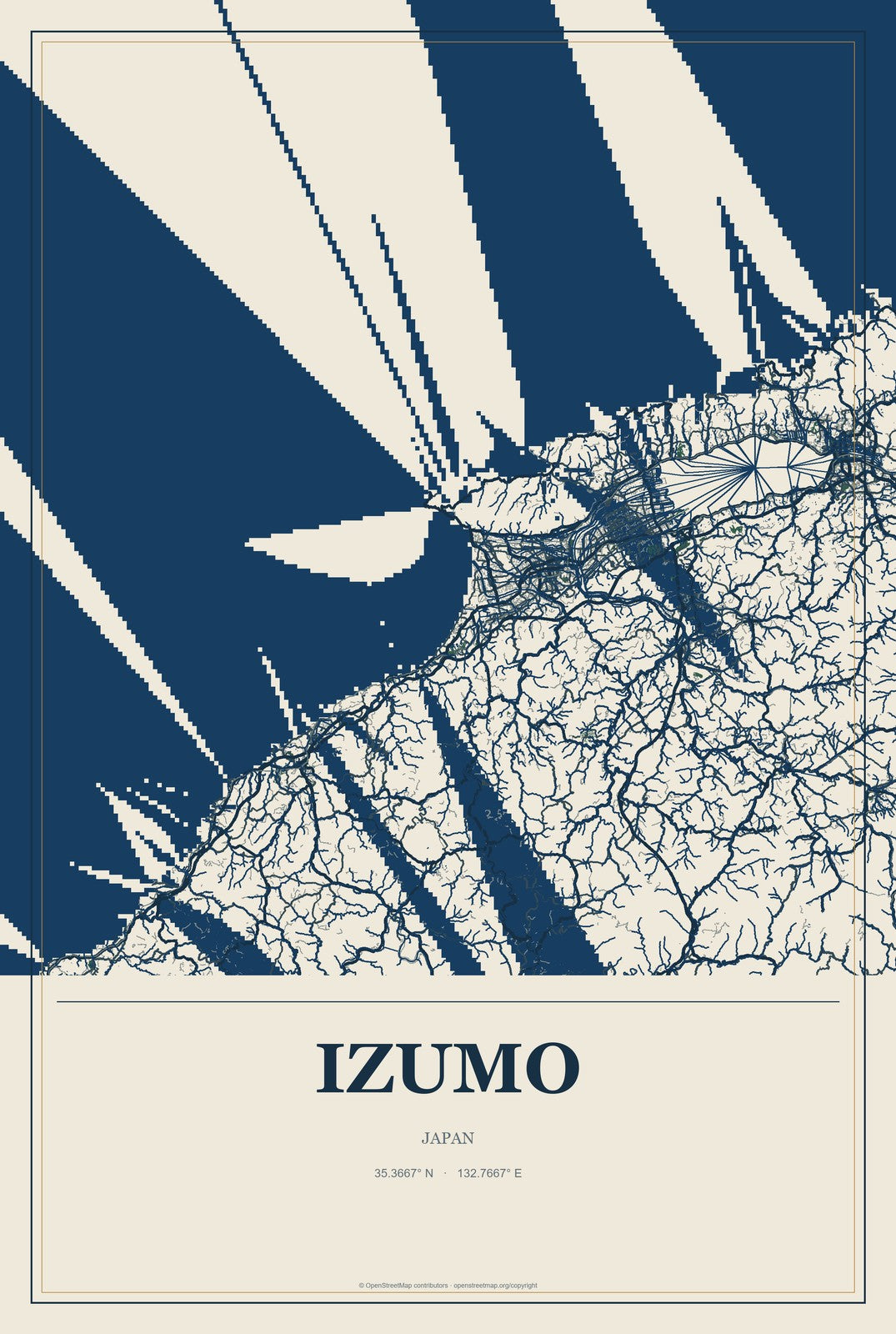 Izumo, Japan City Map Aluminum Sign in Coastal Cutout style
