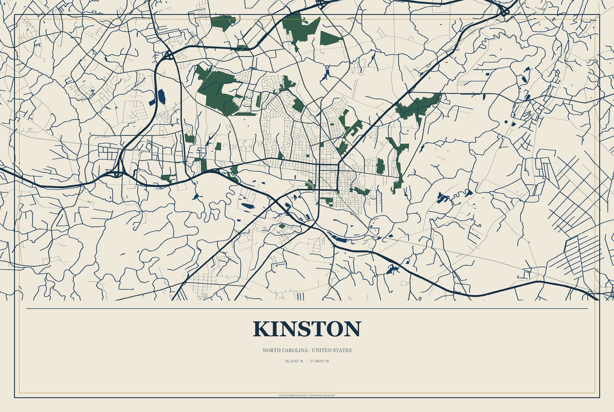 Kinston, North Carolina City Map Aluminum Sign in Coastal Cutout style