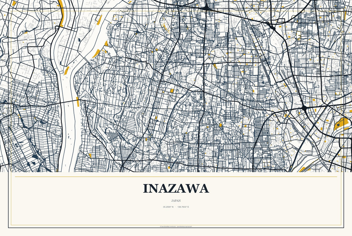 Inazawa, Japan City Map Aluminum Sign in Citrine Modern style