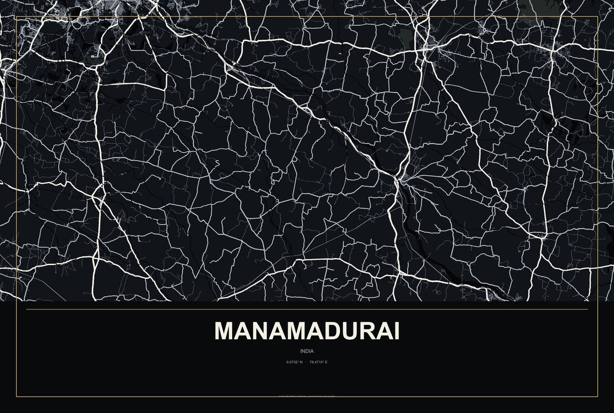 Manamadurai, India City Map Aluminum Sign in Metropolitan Noir style