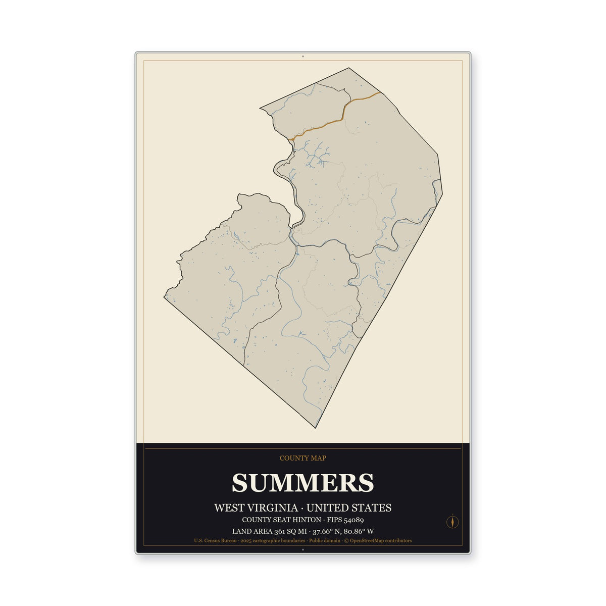 Summers County, West Virginia Map Aluminum Sign in Museum Plaque style
