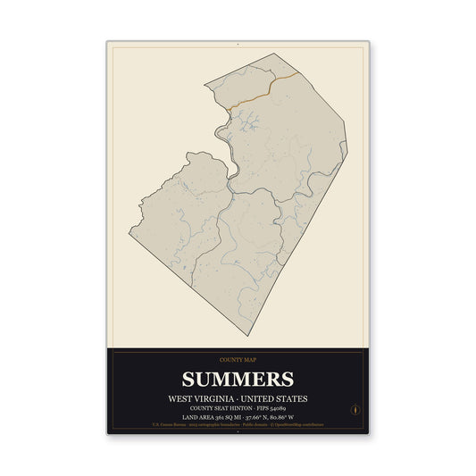 Summers County, West Virginia Map Aluminum Sign in Museum Plaque style